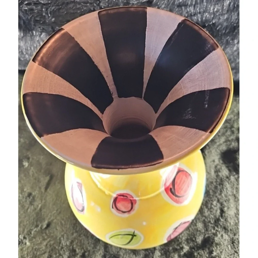 Yellow Vase with lots of color, Black/white inside Signed Thompson